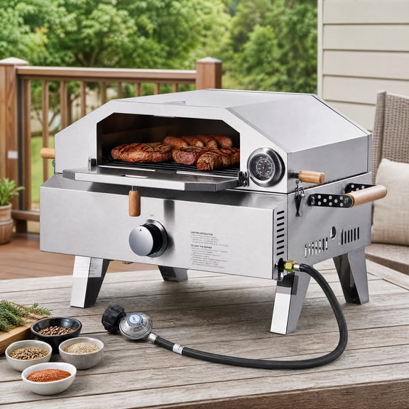 13 Inch Portable Gas Fired Outdoor Pizza Oven 2‑in‑1 Pizza Maker & BBQ Grill with Cordierite Pizza Stone Built‑in Thermometer for Backyard Patio Camping Outdoor Cooking