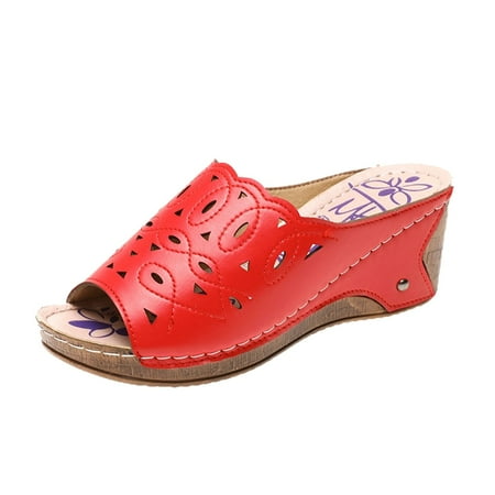 

Ladies Fashion Solid Color Leather Cutout Open Toe Wedge Roman Sandals