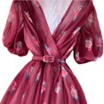 thumbnail image 2 of YM YOUMU Women Summer Floral Print V Neck Short Puff Sleeves Pleated Dress A Line Ruffle Hem Holiday Dress with Belt, 2 of 5