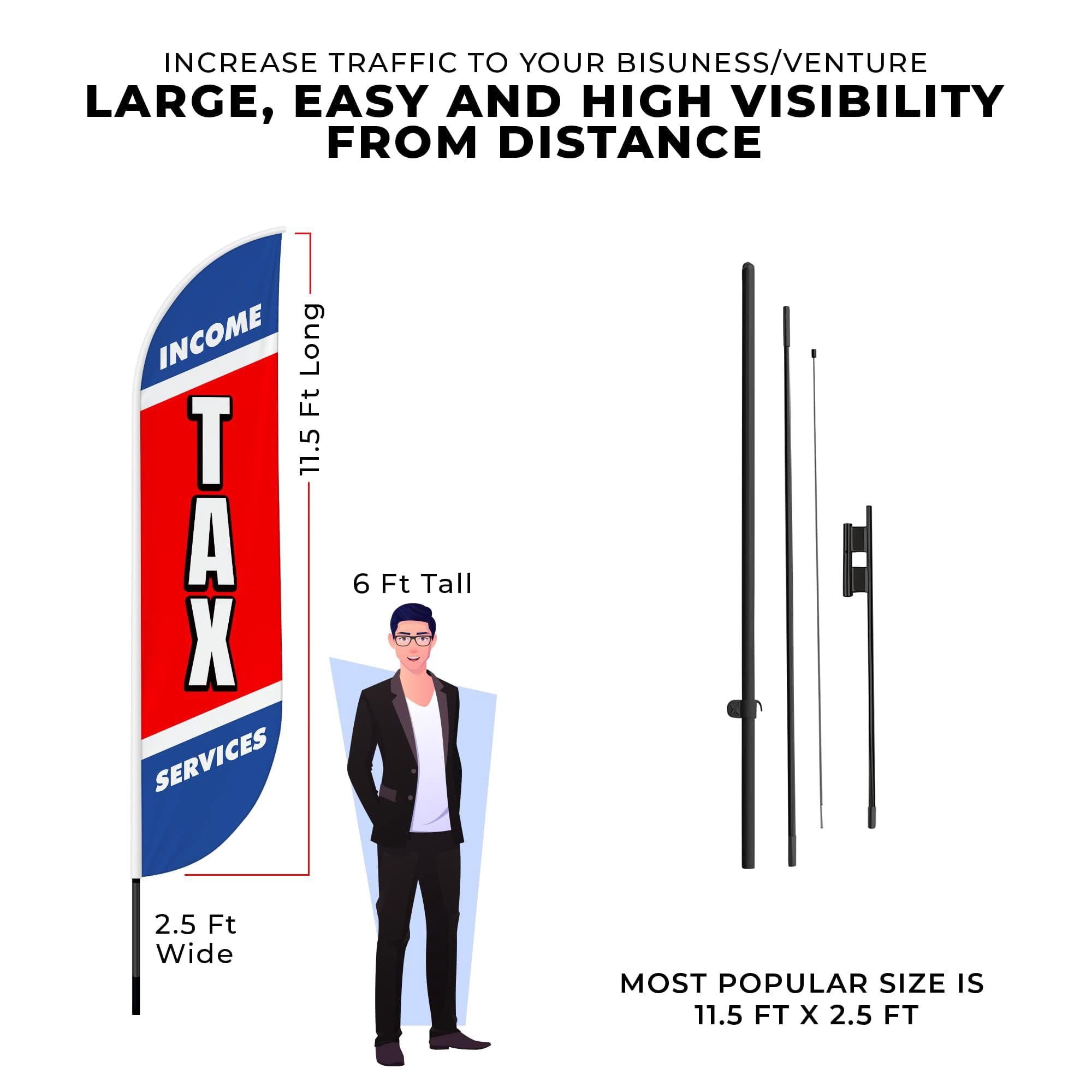 Tax Service Feather Flag(11.5feetX2.5feet) by DreamController | Outdoor Business Advertising Tall Flag | Weather-Resistant Knitted Swooper Flag | Made in USA | HD Print (Flag Only)