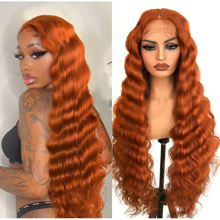 Ginger Crimp Curly Lace Front Wigs Pre Plucked Human Hair Blended Synthetic Glueless HD Lace 13x5x1 Loose Deep Wave Lace Frontal Curly Wigs for Black Women 30Inch Ginger Walmart