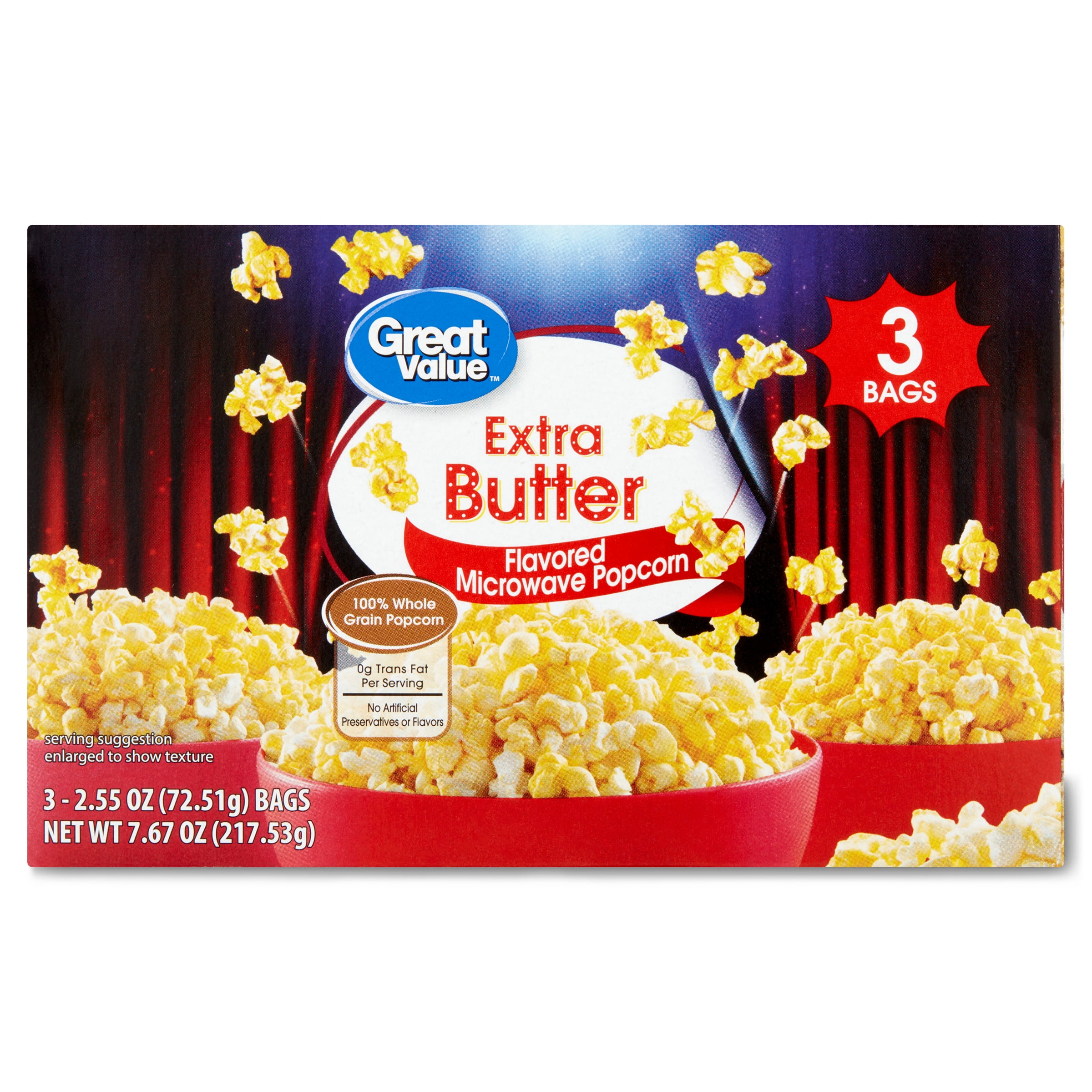 Great Value Flavored Microwave Popcorn, Extra Butter, 7.67 oz, 3 Count