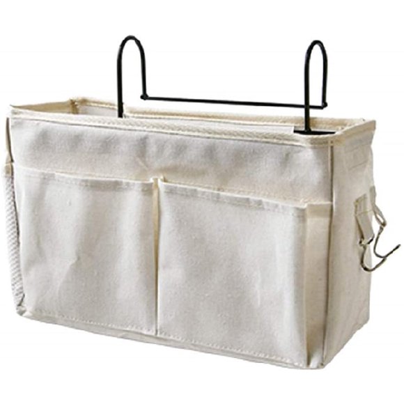 Sac de Lit avec Cadre en Fil, Organisateur de Lit, Poche Suspendue pour Lit Mezzanine, Sac de Rangement pour Livre, Magazine, Écouteurs (Blanc)