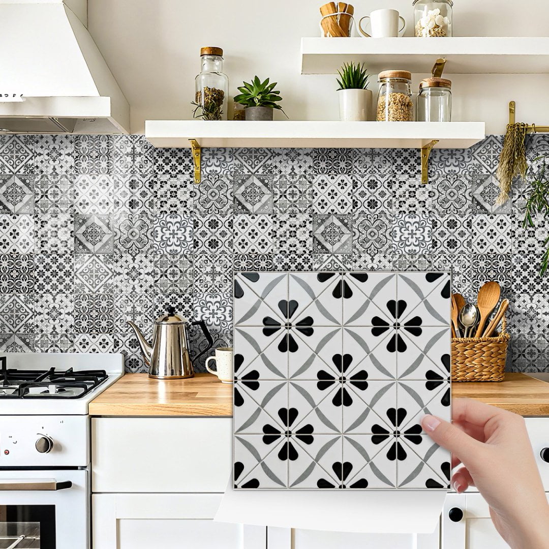 24Sheet Self Adhesive Tile Sticker Peel and Stick Backsplash 7.87" x 7.87" DIY Decor Gray Black Flowers Wall Stickers Waterproof Vinyl Decals