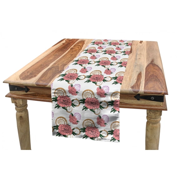 Floral Table Runner, Continuous Peony Flowers in Hand Drawn Romantic Style on Plain Background, Dining Room Kitchen Rectangular Runner, 3 Sizes, by Ambesonne