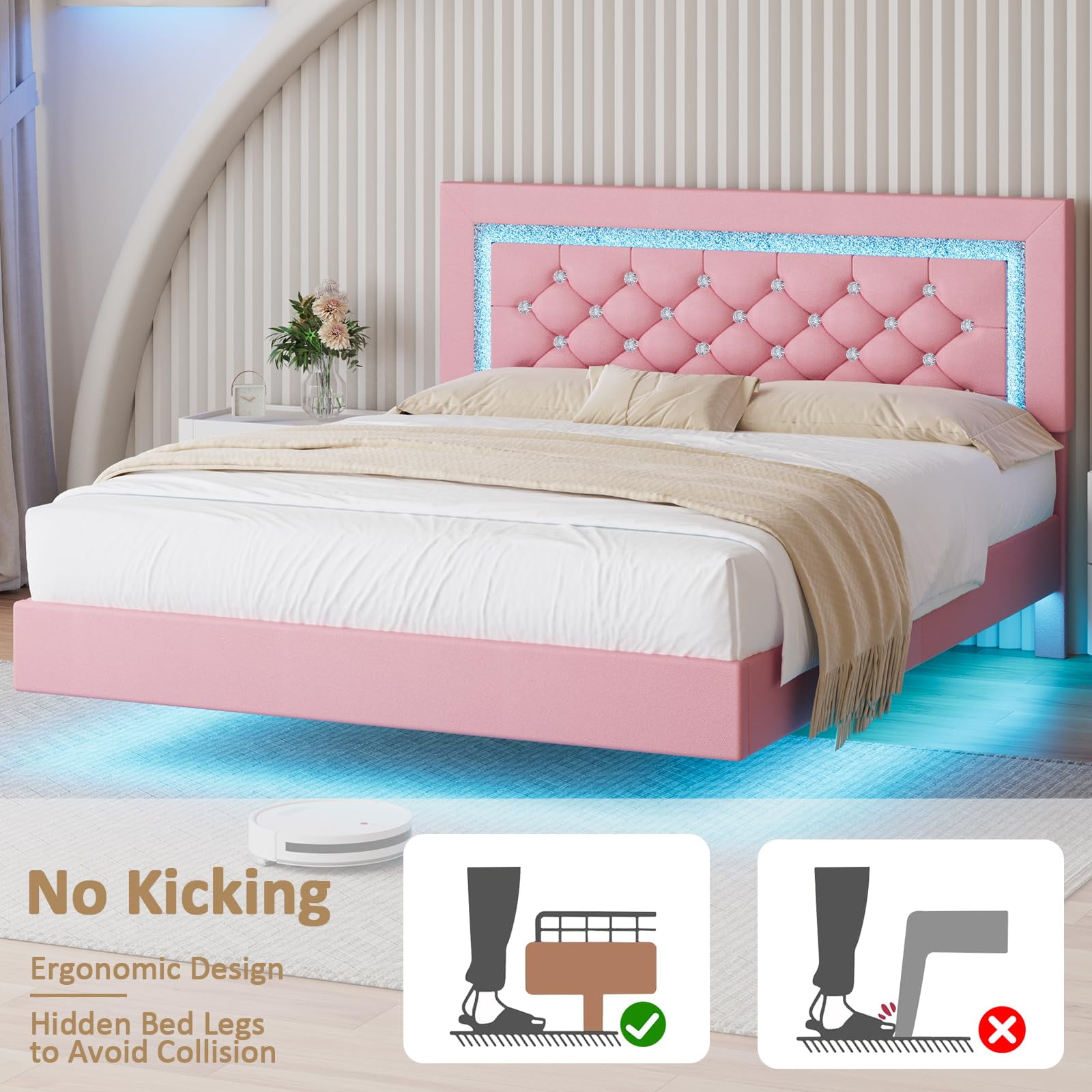 4 EVER WINNER Full Floating Bed Frame with LED Lights, LED Upholstered&nbsp;Platform Bed Frame with Diamond Tufted Headboard, Pink LED Bed Frame for Bedroom, Pink