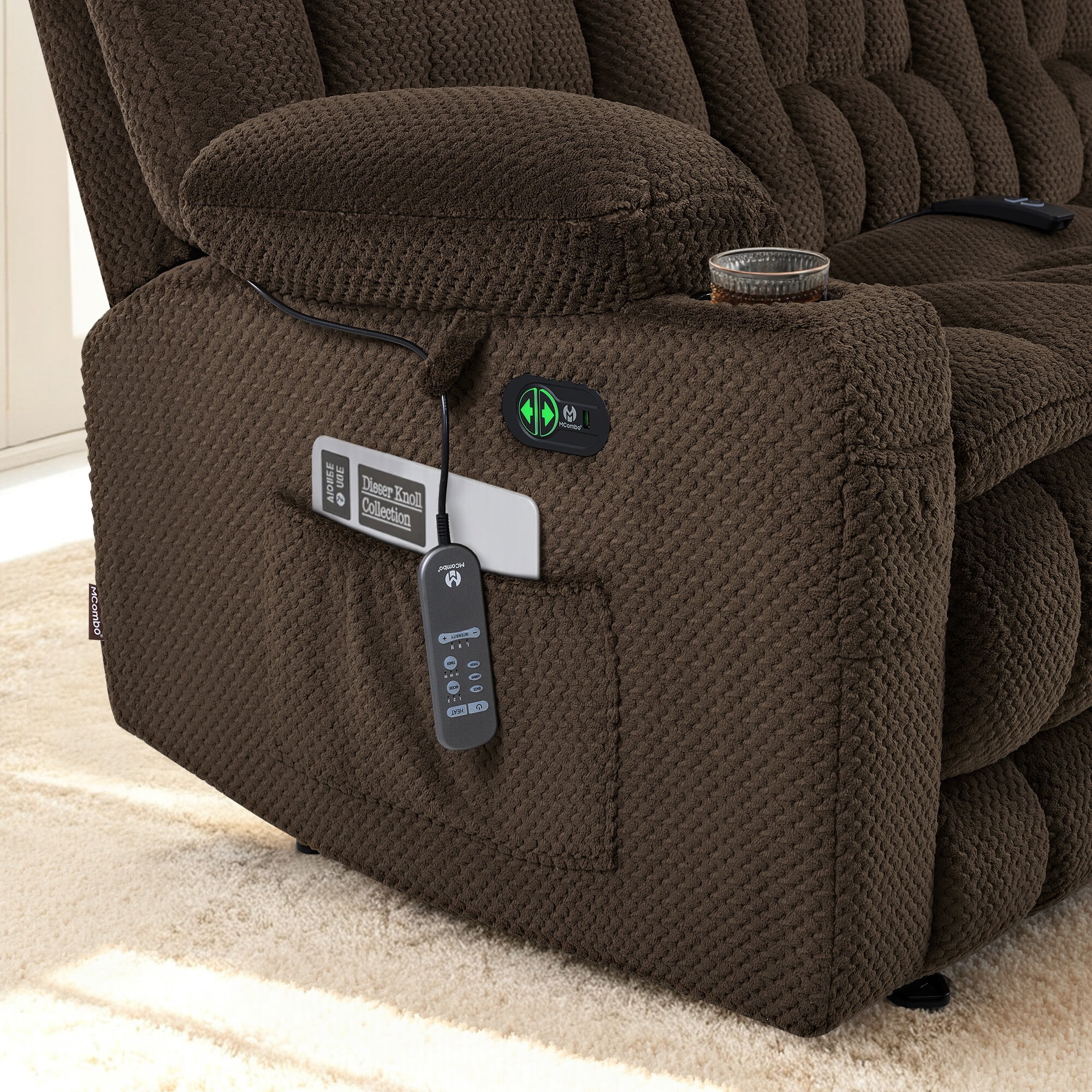MCombo 80.7" 3 Seater Power Reclining Sofa Couch with Heat Vibration Massage for Living Room, Fabric, Brown