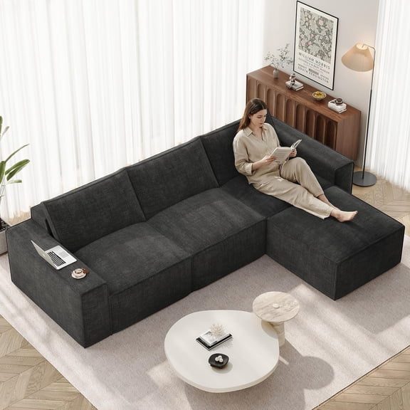 Neche 114" Modular Boneless Couch, Modern 3 Seater Sectional Sofa with Ottoman & Deep Seat, Convertible Chenille L Shaped Cloud Couches for Living Room, No Assembly Required, Dark Grey