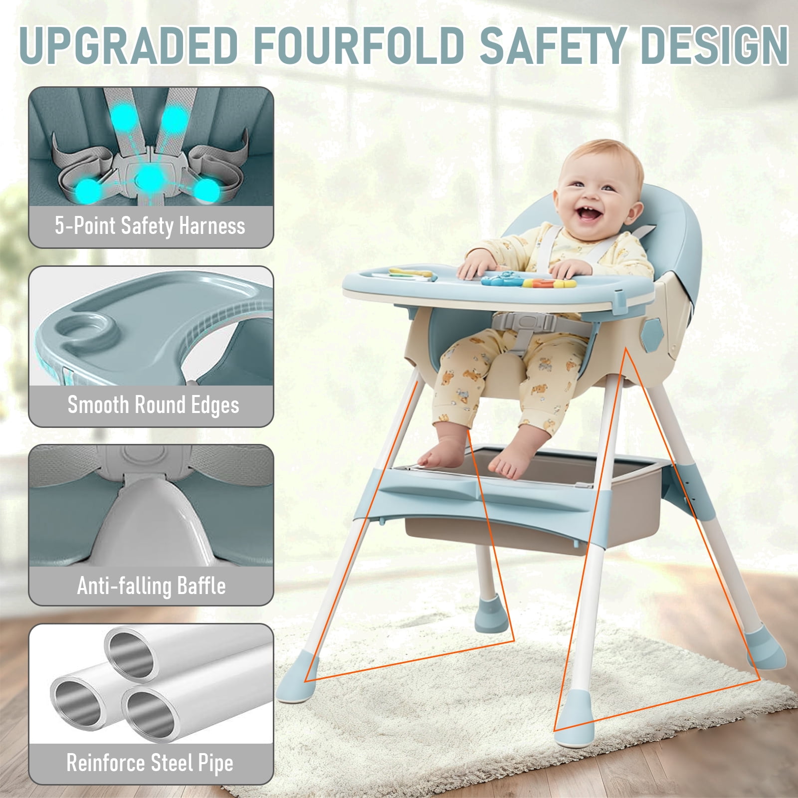 ManyFun-4-in-1 Baby High Chair Portable Toddler Baby Dining Chairs-Dining Booster Seat for Eating-Dinner Plate and Toy Rack,Light Blue