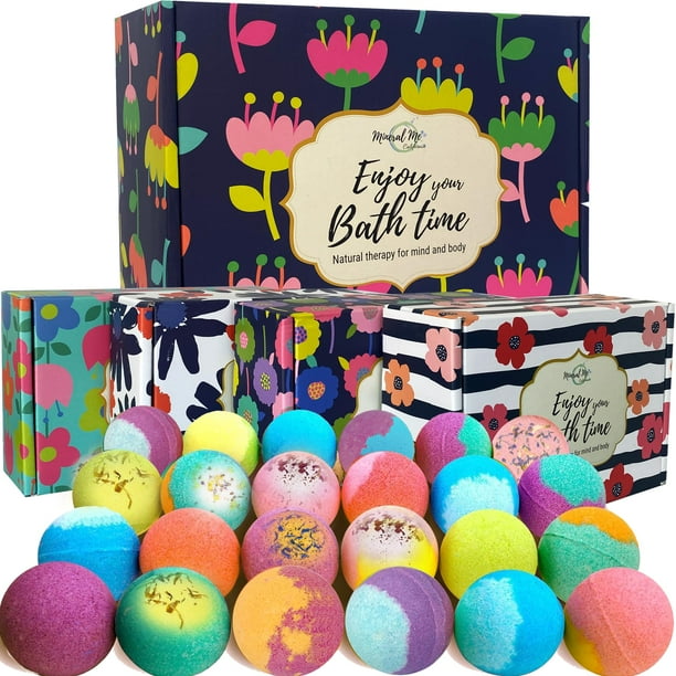 Set de regalo de bombas de baño para mujeres: 24 bombas de baño naturales y orgánicas con aceites esenciales y manteca de karité hidratante, spa, regalo de cumpleaños, regalos de cuidado personal para