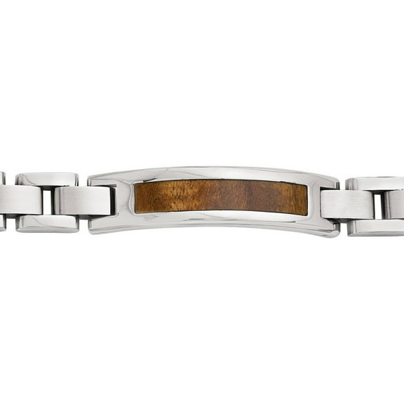 Stainless Steel Polished and Brushed Wood Inlay Enameled Bracelet, 8.5