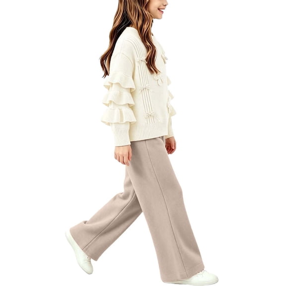 BLVB Toddler Baby Girls 2 Pieces Outfits Lounge Set Knit Ruffle Long Sleeve Sweaters Long Pants Kids Cozy Sweater Sets 1-8 Years(White,1-2 Years)