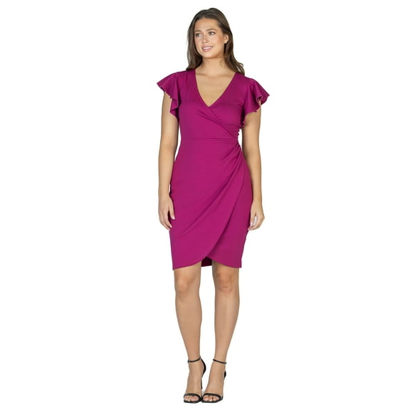 24seven Comfort Apparel Womens V Neck Ruffle Sleeve Knee Length Dress-R0066303-MAGE-L