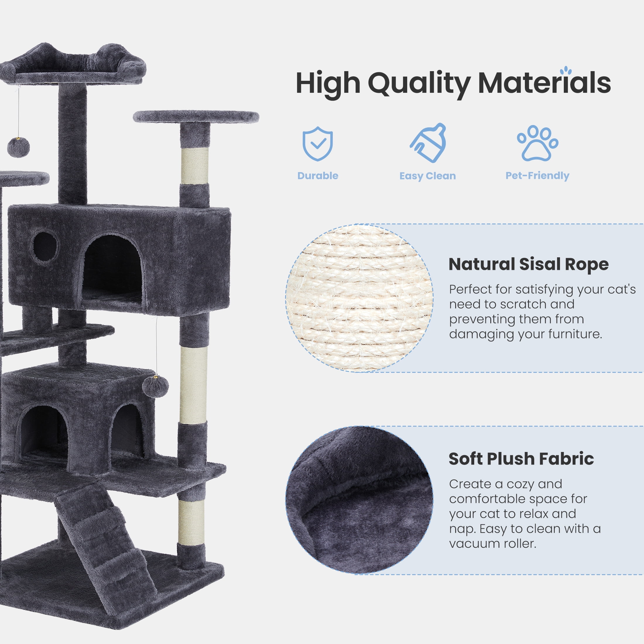 EDX 54" Cat Tree Tower for Indoor Cats, Multi-Level Pet Furniture with Sisal Scratching Post, Large Cozy Condo, Climbing Ramp, Kitten Toy, Dark Grey