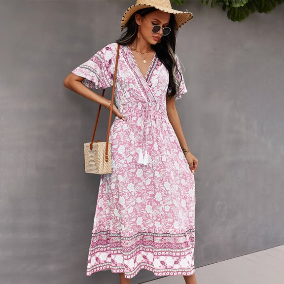 Summer Dresses for Women Maxi Dress V-Neck Tie Boho Dress