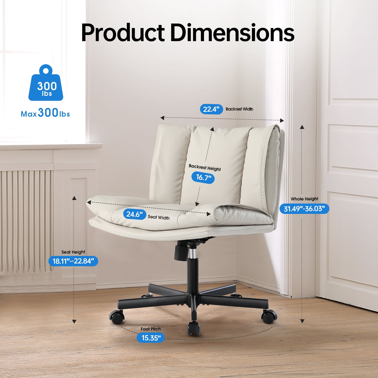 LEAGOO Criss Cross Chair with Wheels, Armless Cross Legged Office Chair, Comfy PU-Leather Desk Chair, Modern Swivel Height Adjustable Computer Task Chair, Wide Seat Cute Chair for Home Office(Beige)