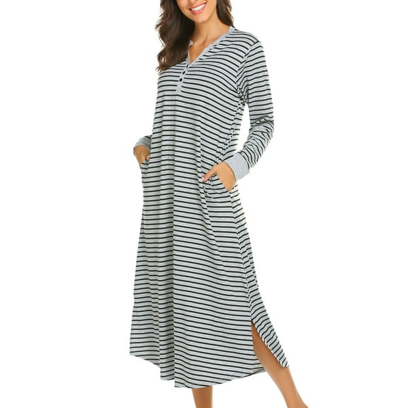 Oudiya Womens Long Nightgown Striped Nightshirt V-Neck Botton Down Loungewear Casual Sleepwear with Pockets, S-4XL