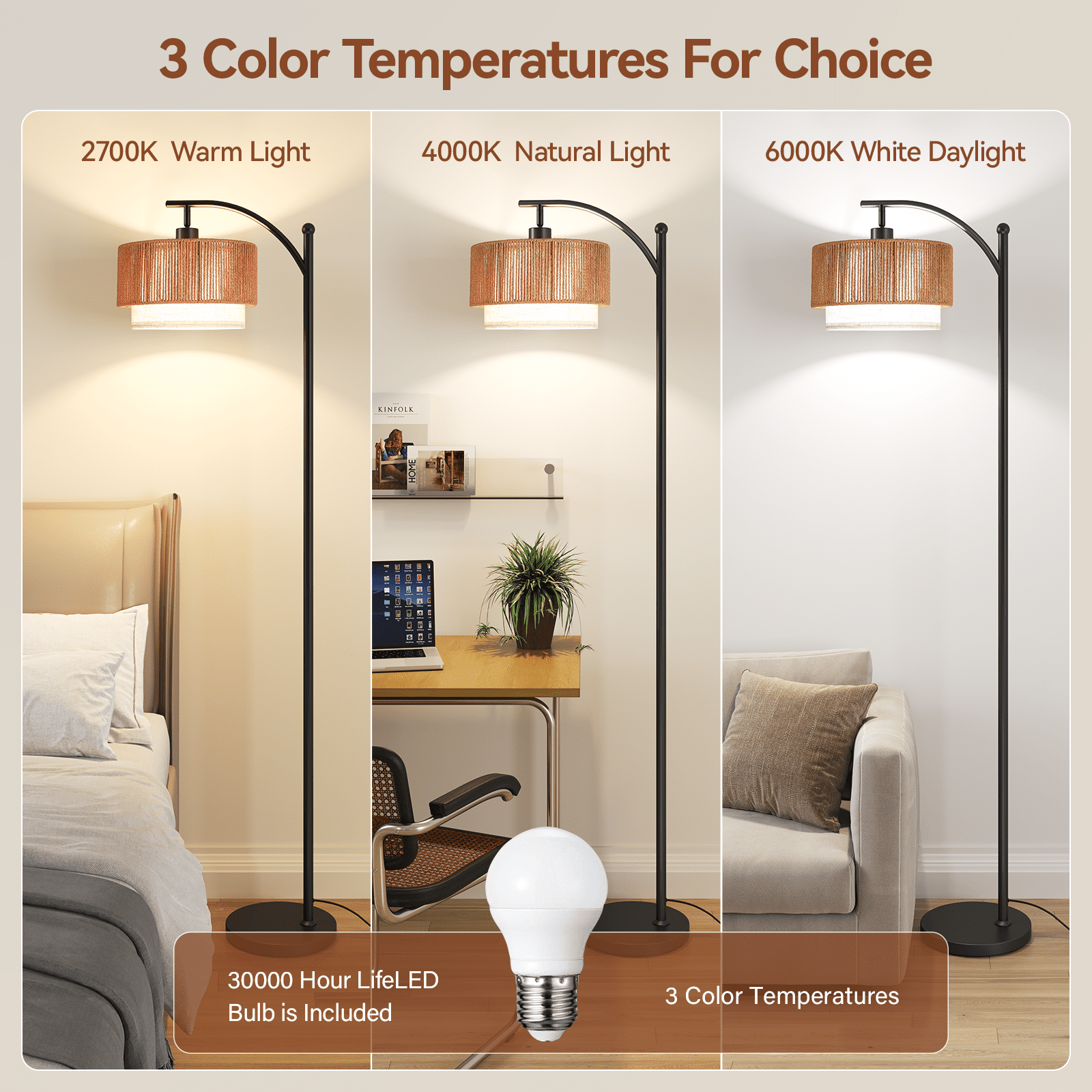 SUNMORY Rattan Floor Lamps, Boho Standing Lamps with Rattan & Linen Double Shades, Arc Lamp Floor with 12W Bulb, Foot Switch, Bohemian Floor Lamps for for Living Room, Bedroom, Study Room
