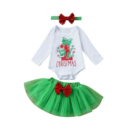 

TheFound 3Pcs Newborn Baby Girls My 1st Christmas Clothes Letter Printed Romper+Bowknot Tutu Skirt+Headband Set
