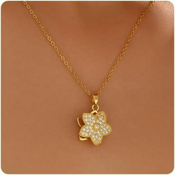 18K Gold Plated Fidget Pendant Necklaces for Women Dainty Cubic Zirconia Daisy Flower Windmill Heart Gold Rotating Necklace Cat Eye Stone Spinner Pendant Anxiety Necklace Jewelry