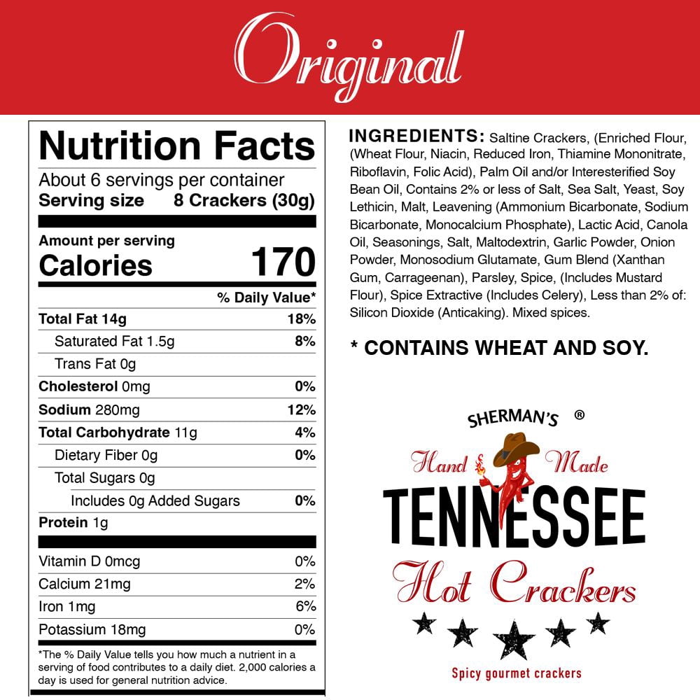 Sherman’s Tennessee Hot Crackers, Original Flavor. 3 pack. (6oz each), Spicy Snack Crackers. Crunchy Spicy, perfect for charcuterie, appetizers, with any dip, chili & soup and much more
