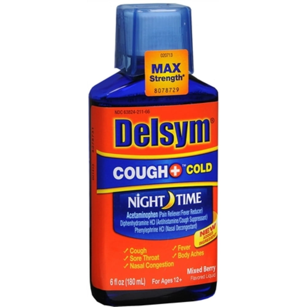 Delsym Adult Liquid Cough + Cold Nighttime, Mixed Berry 6 oz (Pack of 4
