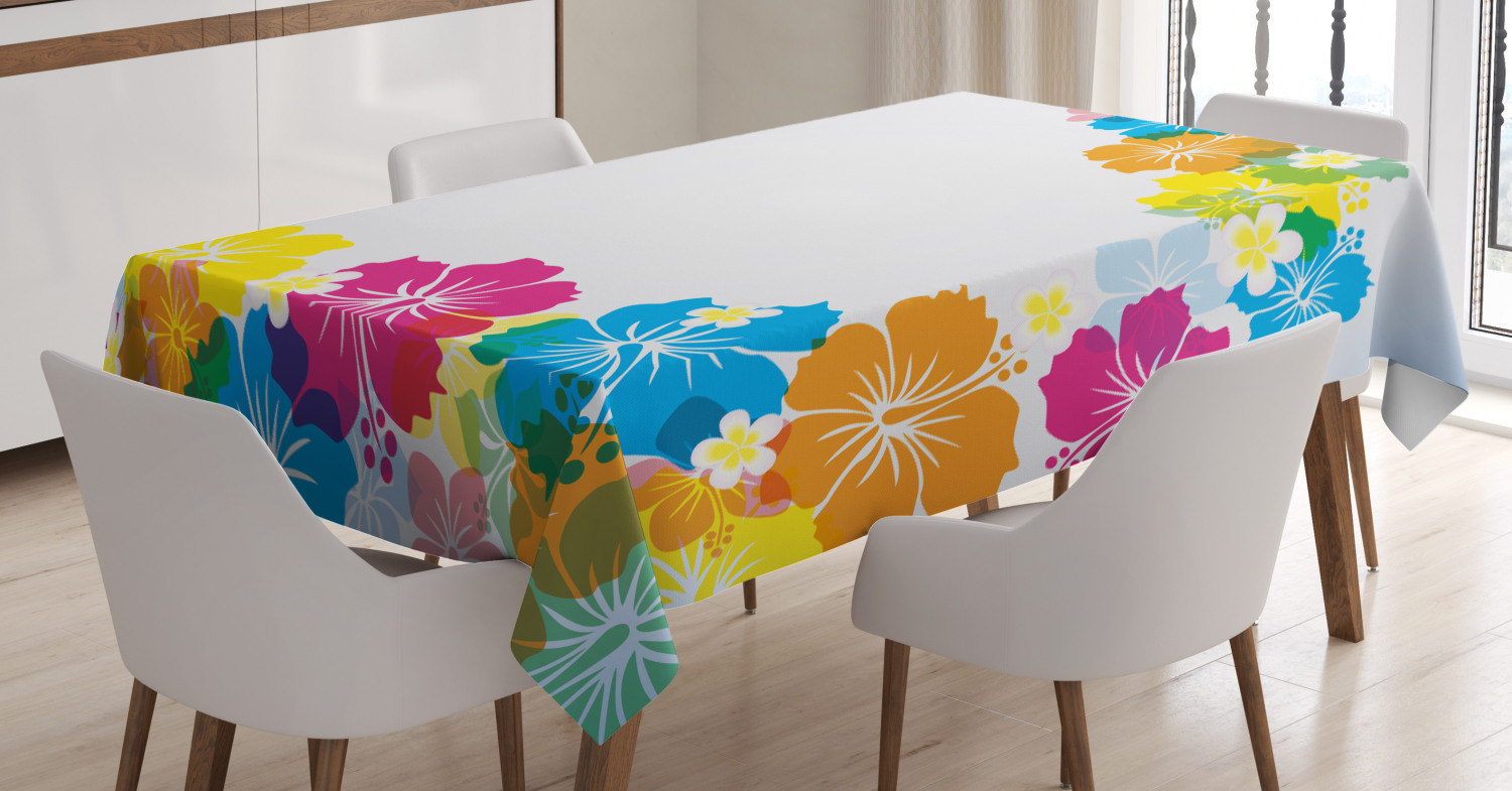 Luau Tablecloth, Vibrant Colorful Border Design with Blossoming