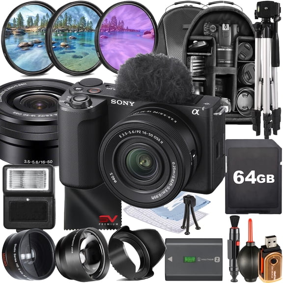 Sony ZV-E10 II Mirrorless Camera (Black) with 16-50mm Lens   SanDisk 64GB Memory Card   Full Size Tripod   Backpack for Camera and Lens   SV Premium Accessory Bundle