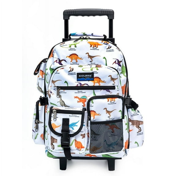 K-Cliffs 18.5" Rolling Backpack Deluxe Student School Bookbag Wheeled Travel Daypack Multi Compartments with Wheels, 18.5"x13"x6, Dinosaur