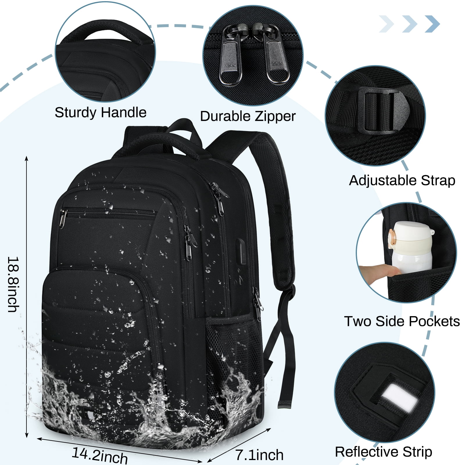 RAINSMORE Laptop Backpack 17 Inch Large Travel Backpack for Men Women Waterproof Computer Work Business College Bookbag TSA Friendly Carry on Backpack with USB Port, Black