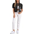 thumbnail image 2 of Chaqueta de mezclilla para mujer INSPIRE CHIC, de manga corta con volantes, con cuello de solapa, chaqueta de jeans negra, talla M, 2 of 6