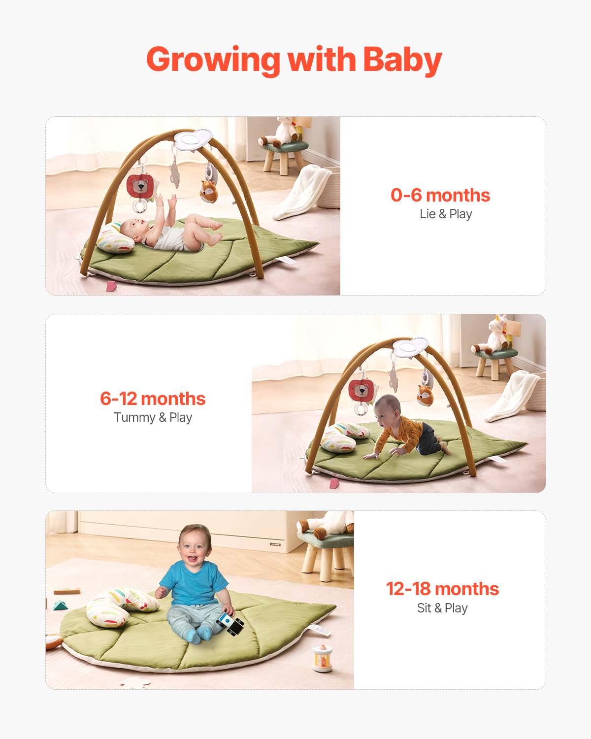 VEVOR Baby Play Gym Mat, Baby Activity Mat with 6 Sensory Toys, Oversize Leaf-Shaped Tummy Time Mat for 0-18 Months Newborn Infant, Baby Essential Gift for Motor Skills & Early Cognitive Development