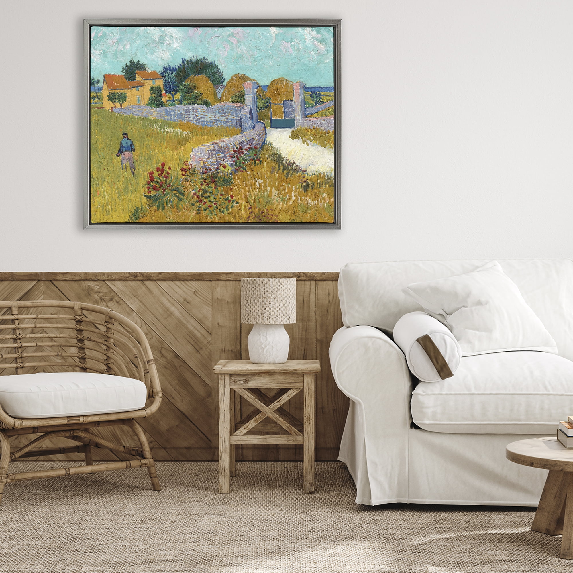 Stupell Industries Farmhouse In Provence Gray Framed Floater Canvas Wall Art, design by Vincent Van Gogh