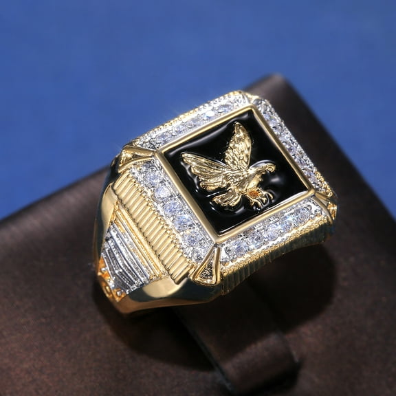 Men's Stainless Steel Gold-plated 14k Golden Eagle Ring Cubic Zirconia Vintage Eagle Ring Totem Animal Ring Fashion Personality Ring Square Stamp Flying Eagle Ring Size 7-13