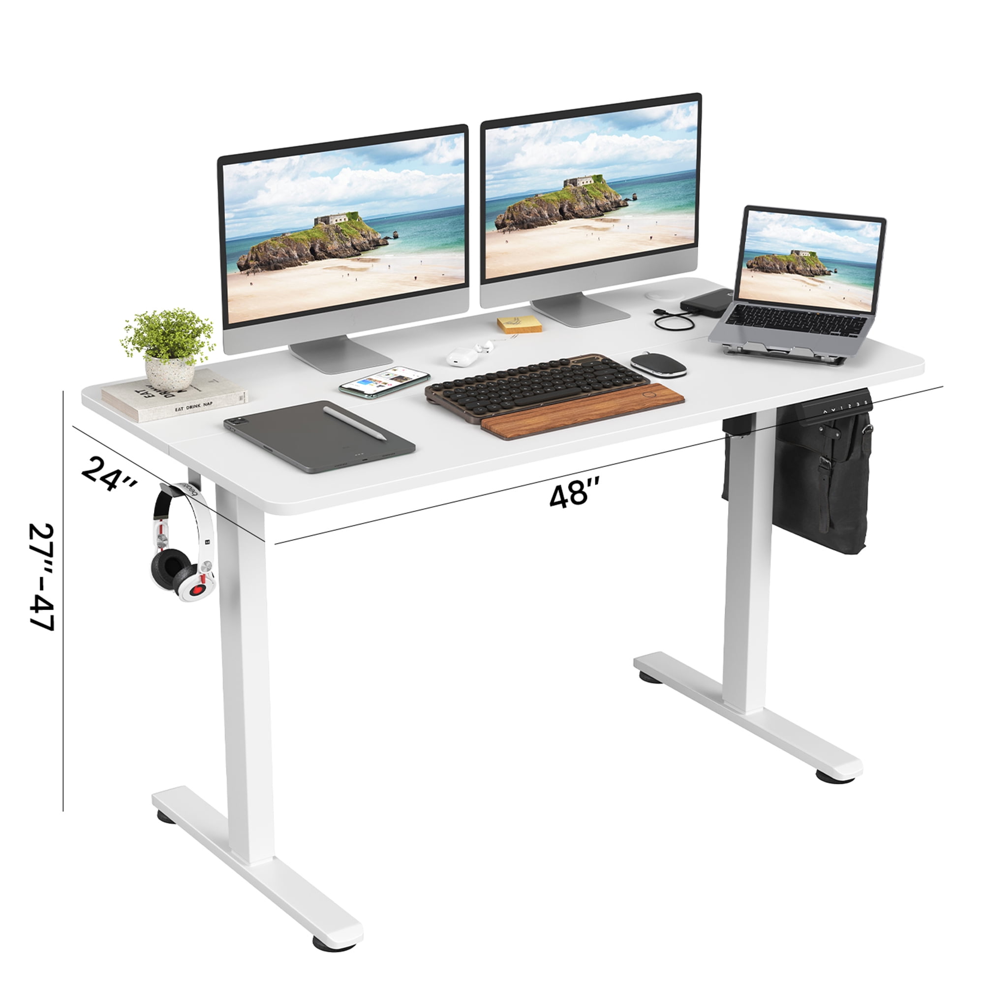 MAYEERTY 48*24" White Electric Standing Home Office Desk with Splice Board, Adjustable Height Sit-Stand Desk