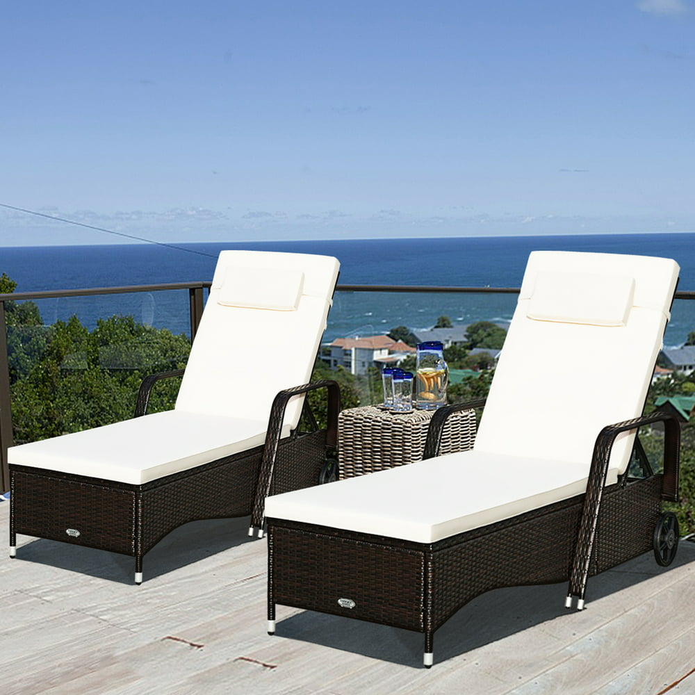 Gymax Cushioned Wicker Outdoor Chaise Lounge - Set of 2 Beige - Walmart
