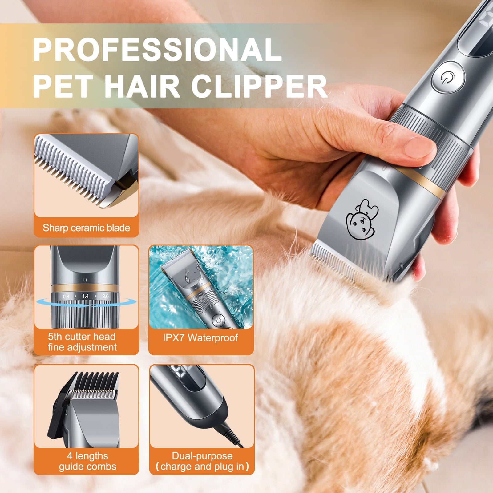 Arealer Hair Trimmer Quiet Cat Clippers Grooming Kit with Comb 5 Speed