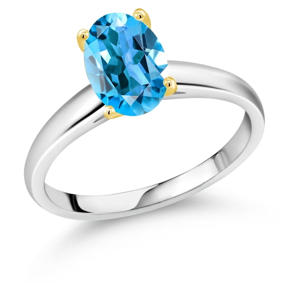 Gem Stone King 925 Silver and 10K Yellow Gold Swiss Blue Topaz Solitaire Engagement Ring for Women | 2.25 Cttw | Oval 9X7MM | Gemstone November Birthstone (Size 7)