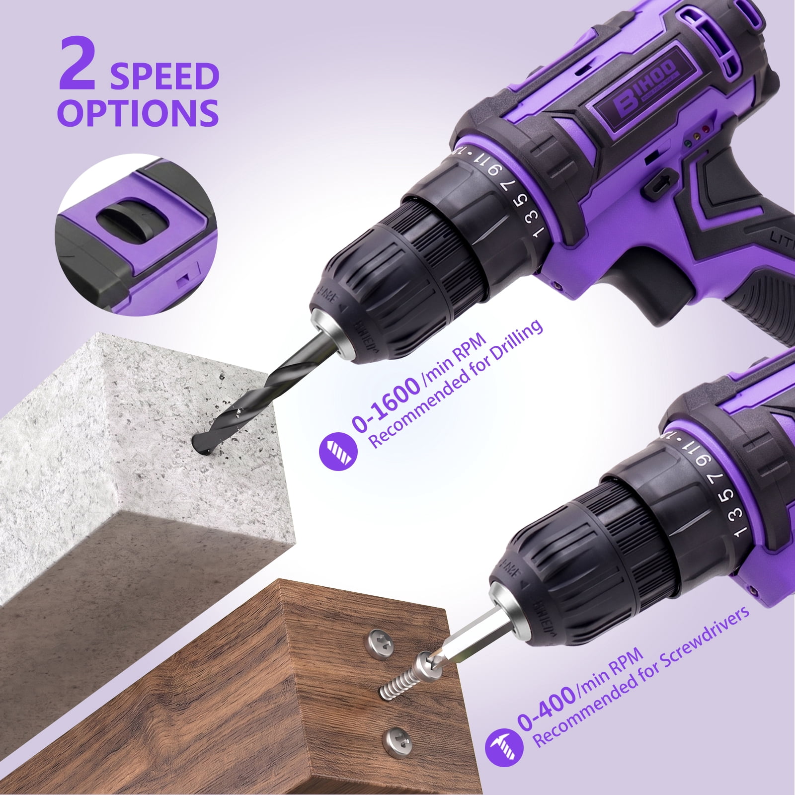 20V Purple Power Drill,Electric Drill Cordless with Battery and Charger,3/8-Inch Keyless Chuck, Variable Speed,with Drills Bits Set
