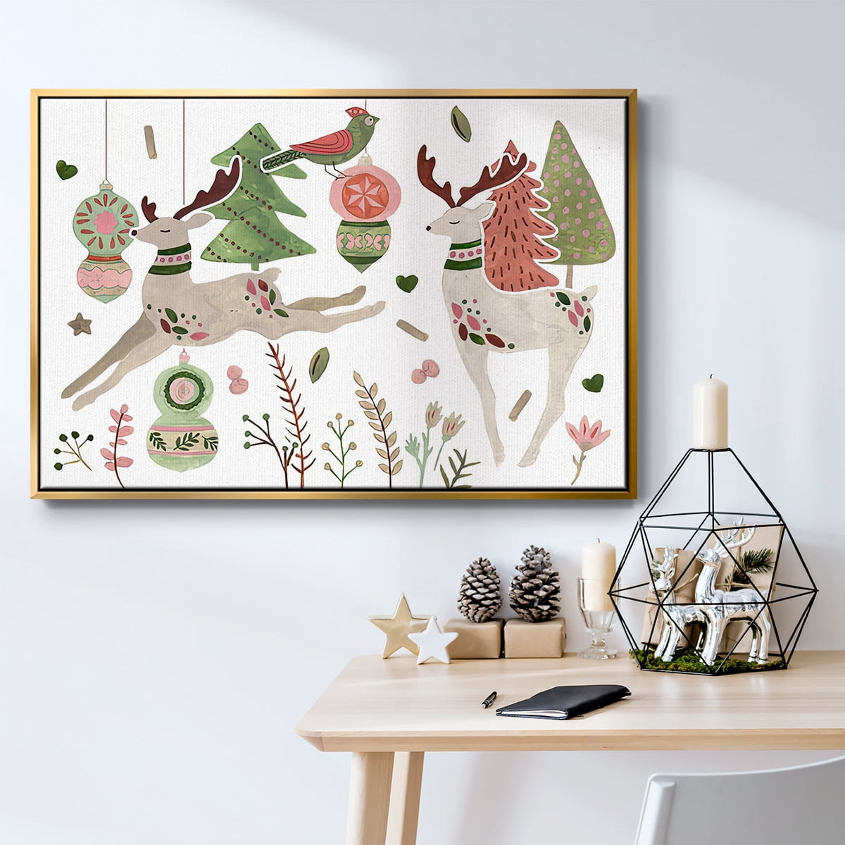 Reindeer Wishes Collection A - Framed Gallery Wrapped Holiday Canvas - 27 x 41 - Gold Frame