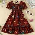 thumbnail image 2 of PINQI Kids Girls Summer Short Sleeve Bubble Sleeve Butterfly Print Dress Casual Smocked Square Neck Long Dresses Midi Summer Dress(1-Red,5-6 Years), 2 of 4