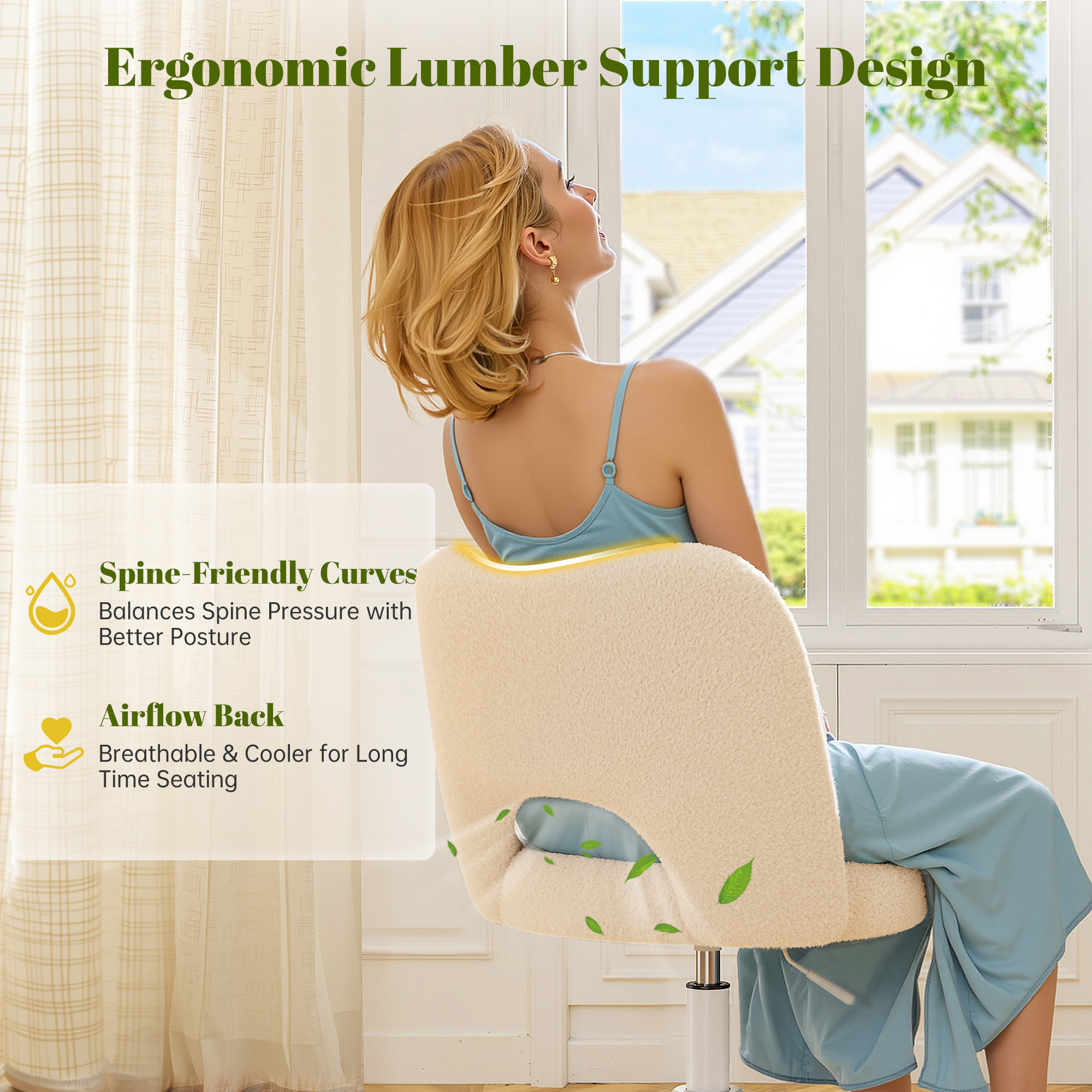 Romorgniz Adjustable Vanity Chair with Backrest Teddy Velvet Swivel Desk Chair with Wheels, Space-Saving Makeup Computer Chair, Off-White