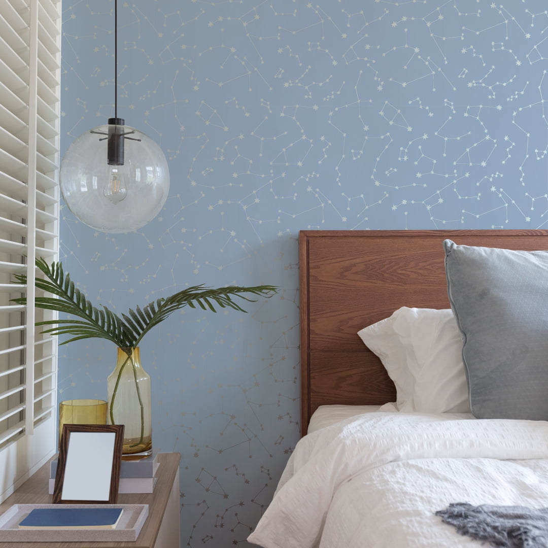 Tempaper x Novogratz Blue & Metallic Silver Constellations Peel and Stick Wallpaper, 20.5" x 16.5'