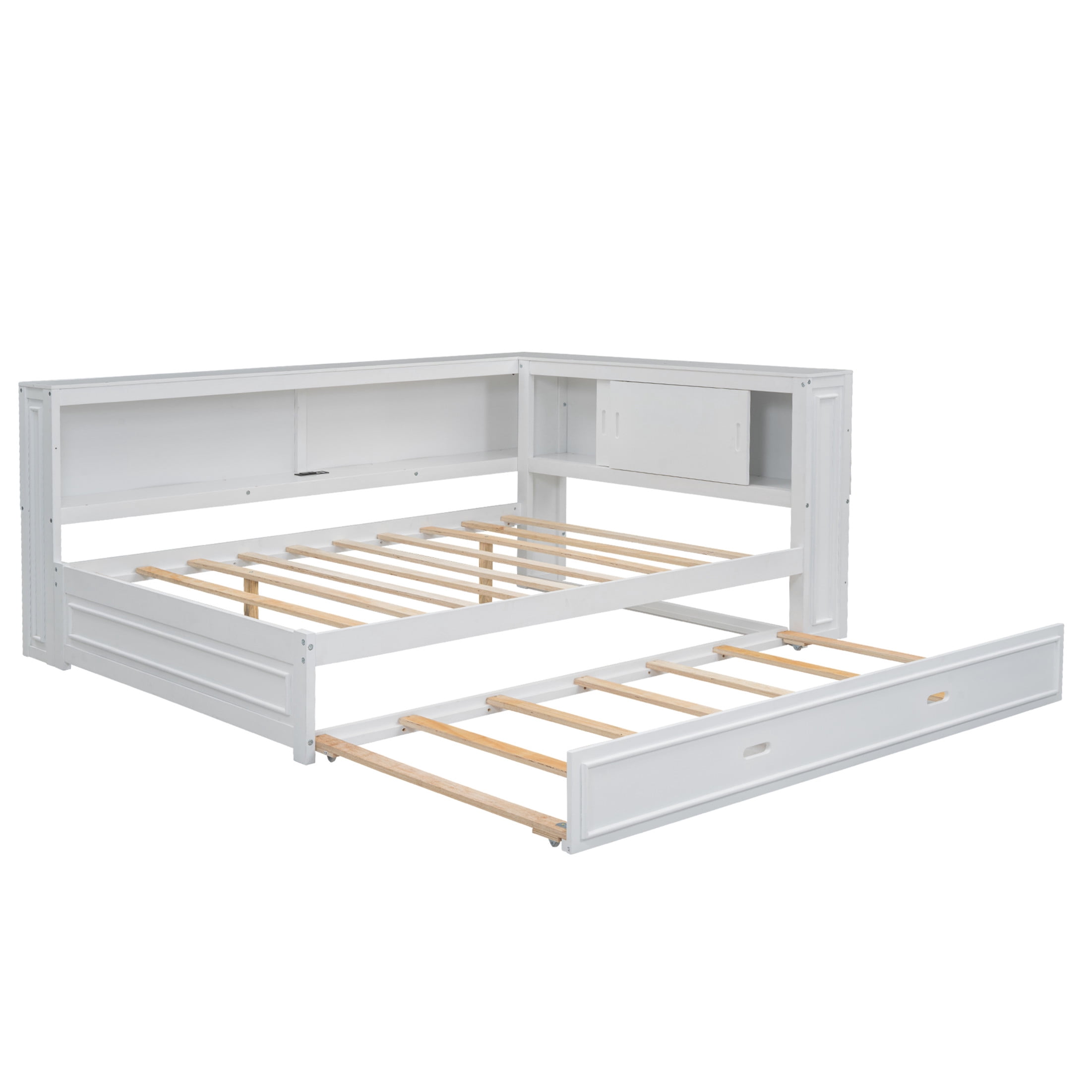 Noble House Sheila Full Wood Daybed with Trundle and LED Lighting, Storage Shelves, USB Charging Port, White
