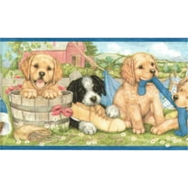 TRIMZ Vintage Farmhouse Puppy Laundry Wallpaper Border, Nature-Inspired Puppies & Country Clothesline, 15 ft x 7 in