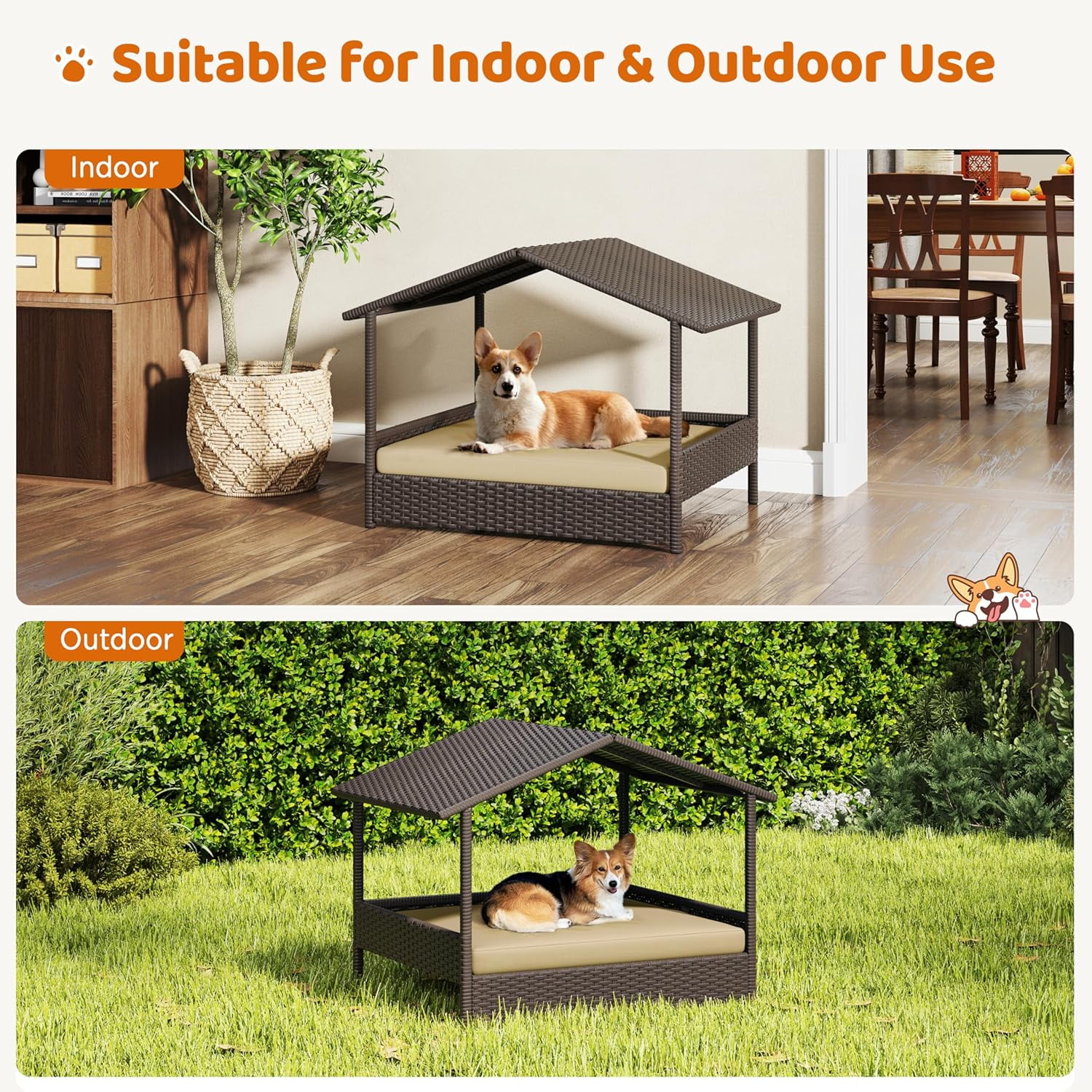 Wicker Dog House Outdoor Indoor with Canopy, Elevated Dog Shelter Dog Bed with Cushion for Small/Medium Dogs, Shade for Deck, Patio, Yard, Pool Brown House, Khaki Cushion