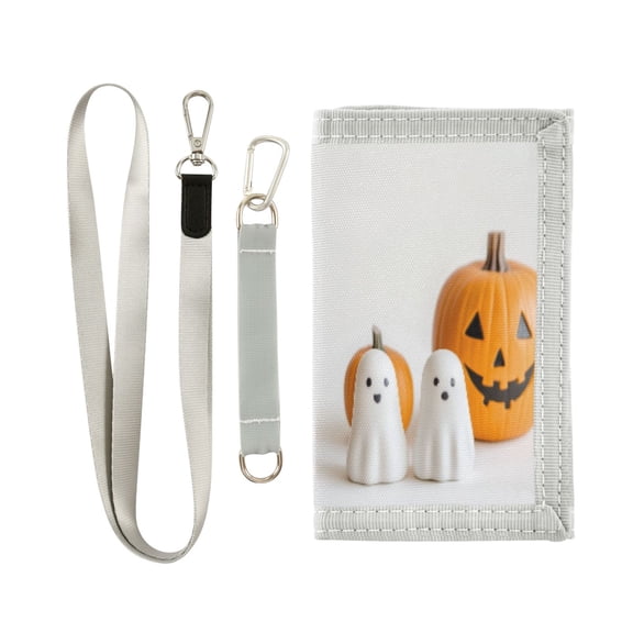 Cloth Wallet with Lanyard & Multiple Compartments Fashion Purse Zipper Clutch Bag for Cash Cards Coins Cute Ghost and Pumpkins