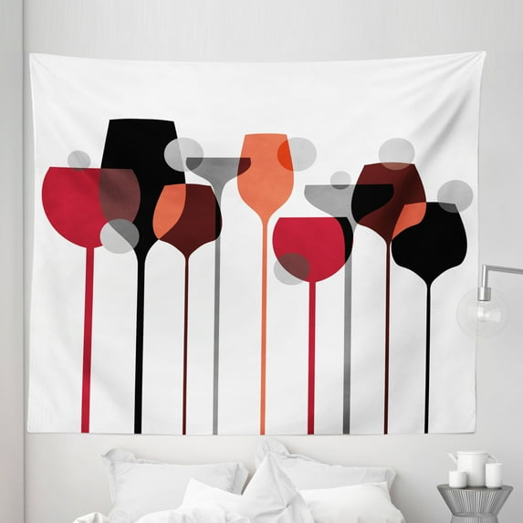 Wine Tapestry, Abstract Drink Glasses Silhouettes Dots Alcohol Theme Modern, Fabric Wall Hanging Decor for Bedroom Living Room Dorm, 5 Sizes, Red Grey Black, by Ambesonne