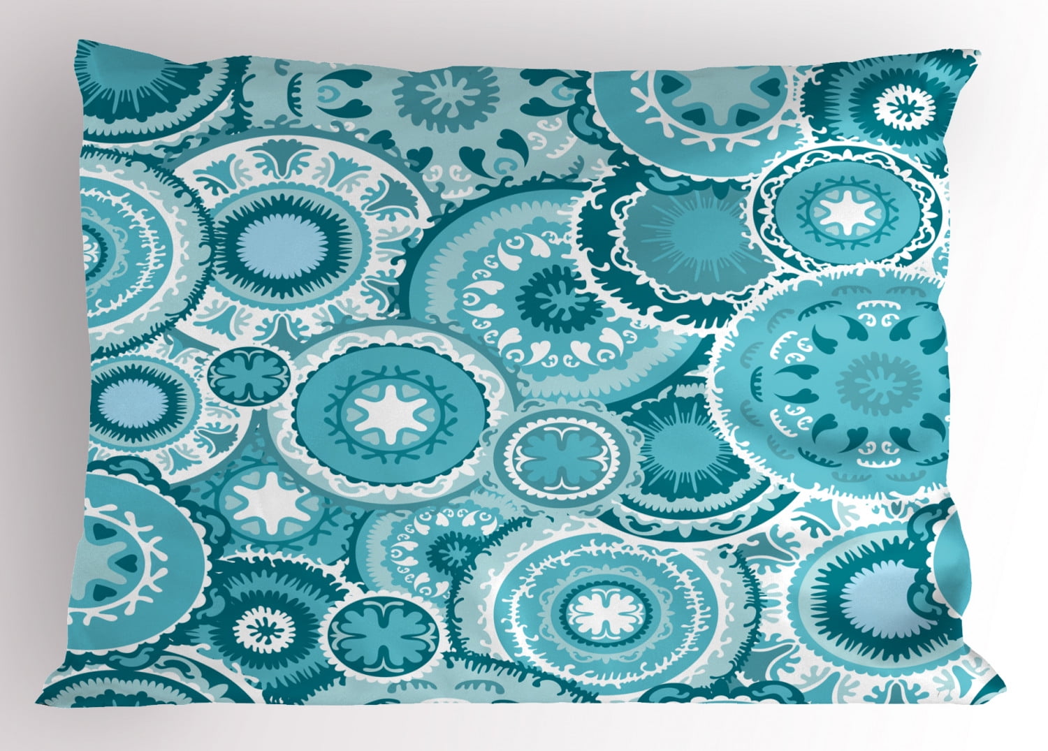 Aqua Pillow Sham Tribal Hippie Ethnic Floral Leaves Mandala Rounds