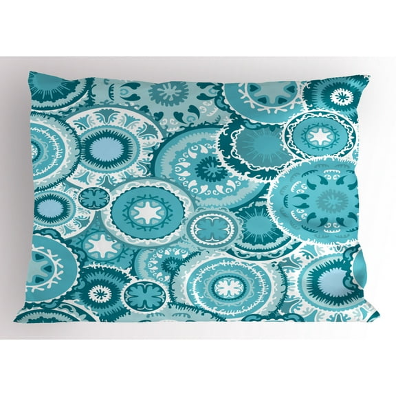 Aqua Pillow Sham Tribal Hippie Ethnic Floral Leaves Mandala Rounds Print, Decorative Standard King Size Printed Pillowcase, 36 X 20 Inches, White Seafoam Dark Blue and Turquoise, by Ambesonne